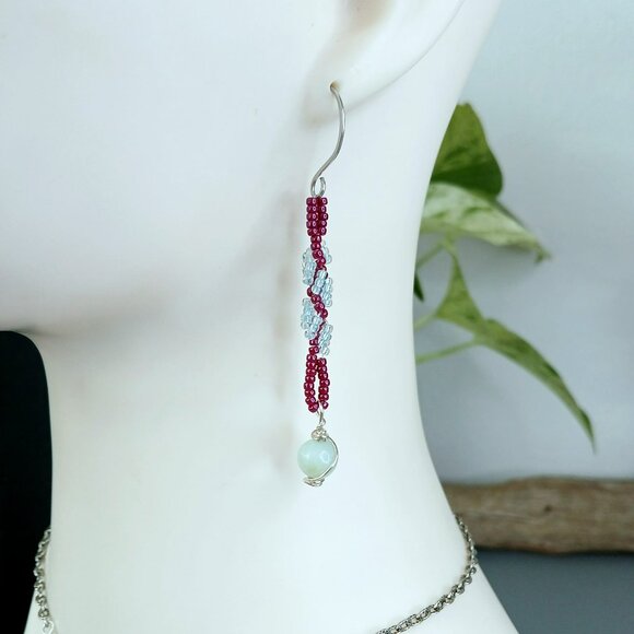 Amazonite Gemstone Spiral Beaded Dangle Earrings, Artisan Boho Chic 3" - Picture 1 of 9